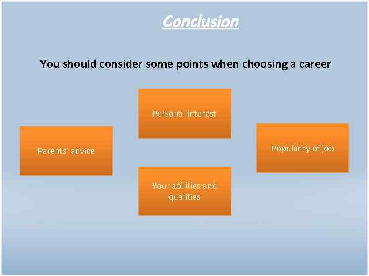 Conclusion You should consider some points when choosing a career Personal interest Popularity of