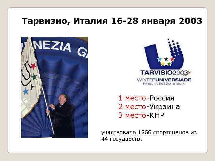 Тарвизио, Италия 16 -28 января 2003 1 место-Россия 2 место-Украина 3 место-КНР участвовало 1266