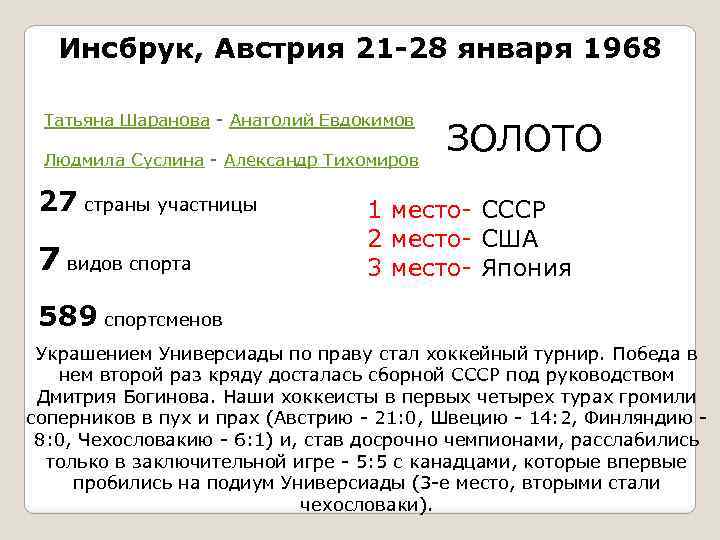 Инсбрук, Австрия 21 -28 января 1968 Татьяна Шаранова - Анатолий Евдокимов Людмила Суслина -