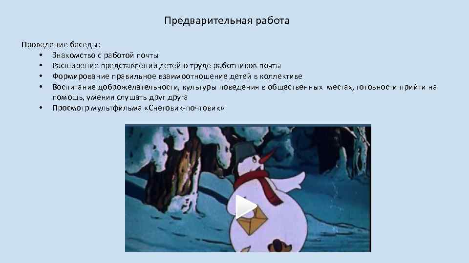 Предварительная работа Проведение беседы: • Знакомство с работой почты • Расширение представлений детей о