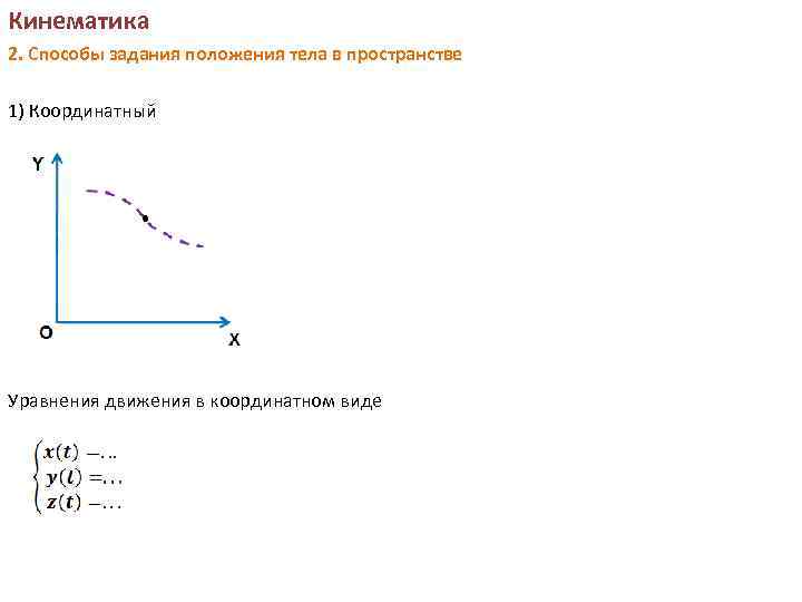 Кинематика 2. Способы задания положения тела в пространстве 1) Координатный Уравнения движения в координатном