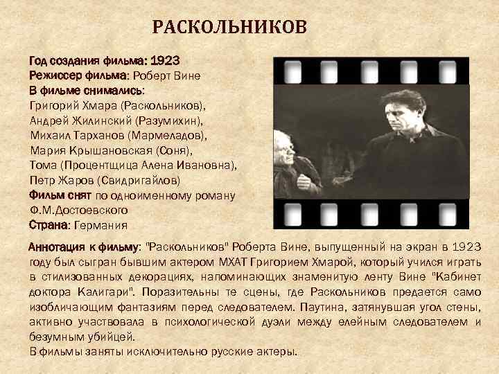 РАСКОЛЬНИКОВ Год создания фильма: 1923 Режисcер фильма: Роберт Вине В фильме снимались: Григорий Хмара