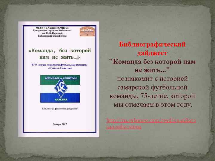 Библиографический дайджест "Команда без которой нам не жить. . . " познакомит с историей