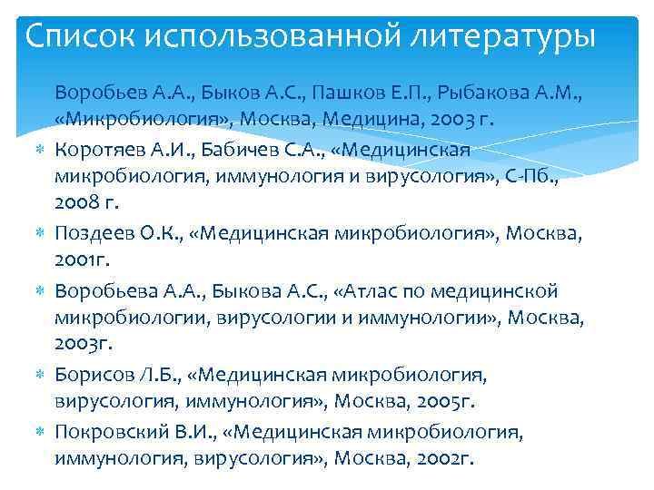 Список использованной литературы Воробьев А. А. , Быков А. С. , Пашков Е. П.