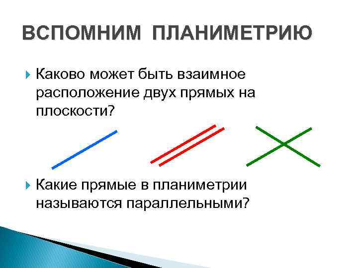 ВСПОМНИМ ПЛАНИМЕТРИЮ Каково может быть взаимное расположение двух прямых на плоскости? Какие прямые в