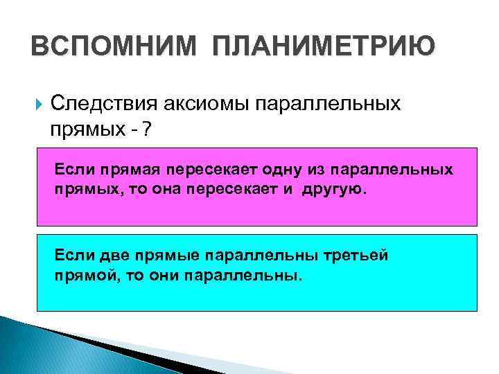 ВСПОМНИМ ПЛАНИМЕТРИЮ Следствия аксиомы параллельных прямых - ? Если прямая пересекает одну из параллельных