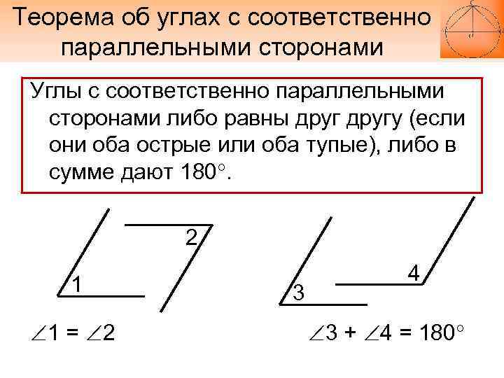 Теорема об углах с соответственно параллельными сторонами Углы с соответственно параллельными сторонами либо равны