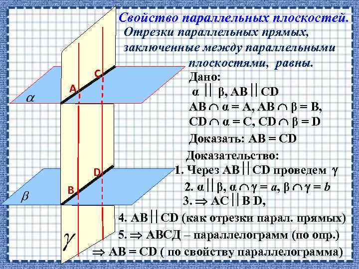 Свойство параллельных плоскостей. А В Отрезки параллельных прямых, заключенные между параллельными плоскостями, равны. С