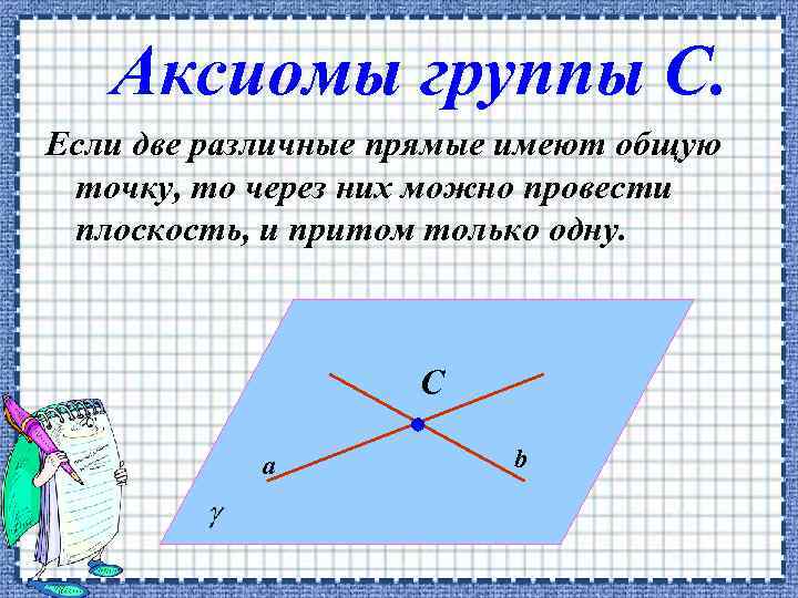 Аксиомы группы С. Если две различные прямые имеют общую точку, то через них можно