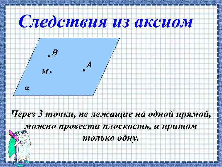 Следствия из аксиом В М А Через 3 точки, не лежащие на одной прямой,