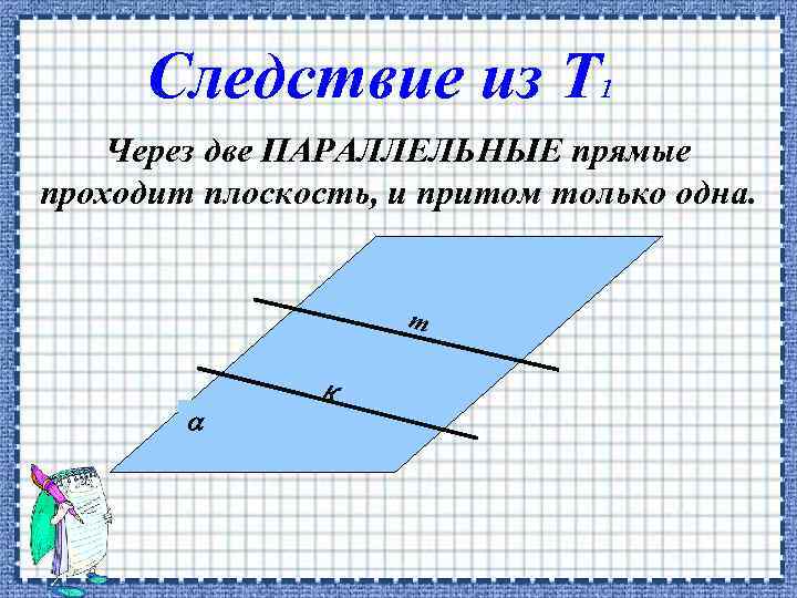 Следствие из Т 1 Через две ПАРАЛЛЕЛЬНЫЕ прямые проходит плоскость, и притом только одна.