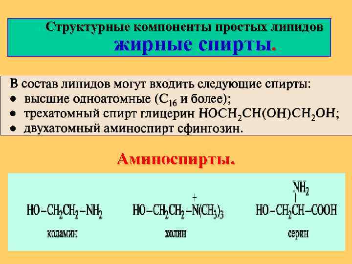  Структурные компоненты простых липидов жирные спирты. Аминоспирты. 