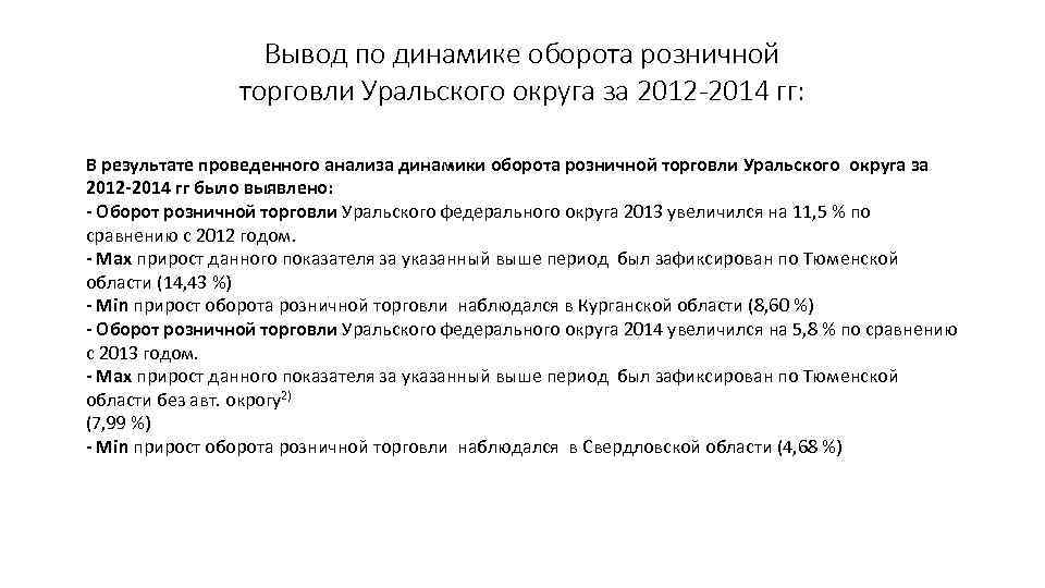 Вывод по динамике оборота розничной торговли Уральского округа за 2012 -2014 гг: В результате