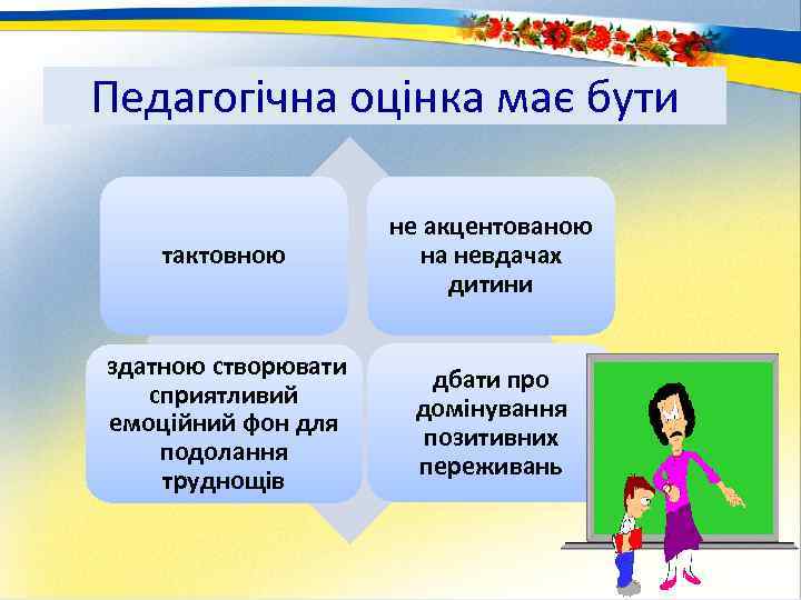 Педагогічна оцінка має бути тактовною не акцентованою на невдачах дитини здатною створювати сприятливий емоційний