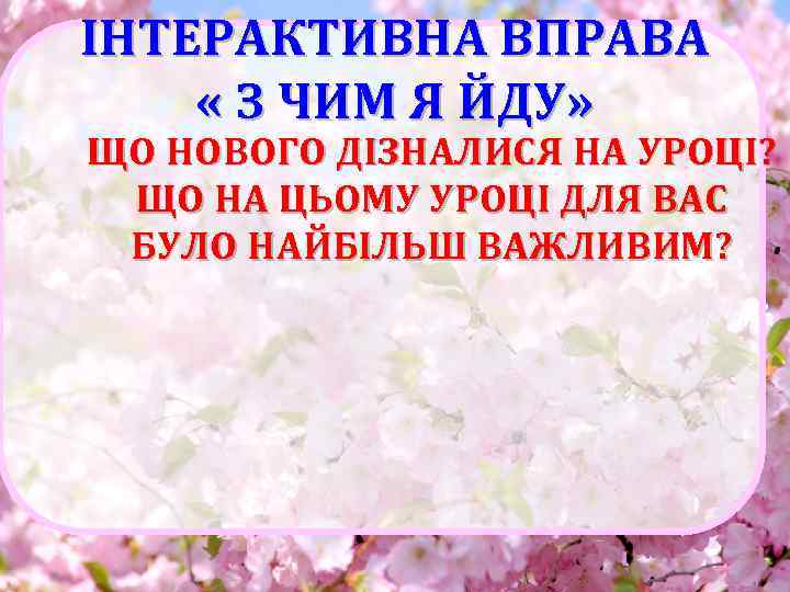 ІНТЕРАКТИВНА ВПРАВА « З ЧИМ Я ЙДУ» ЩО НОВОГО ДІЗНАЛИСЯ НА УРОЦІ? ЩО НА