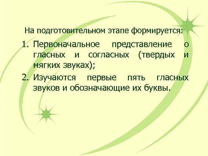 На подготовительном этапе формируется: 1. Первоначальное представление о гласных и согласных (твердых и мягких