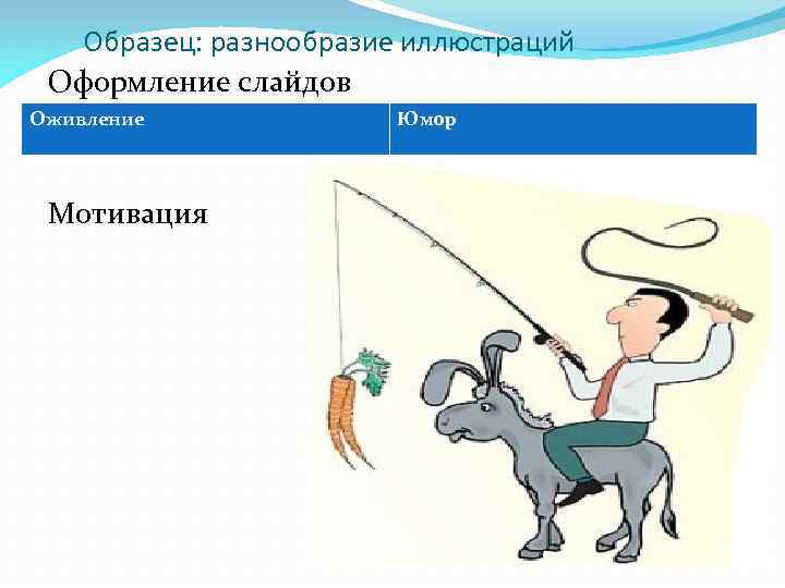 Образец: разнообразие иллюстраций Оформление слайдов Оживление Мотивация Юмор 