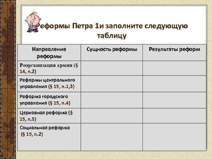 Реформы Петра 1 и заполните следующую таблицу Направление реформы Реорганизация армии (§ 14, п.