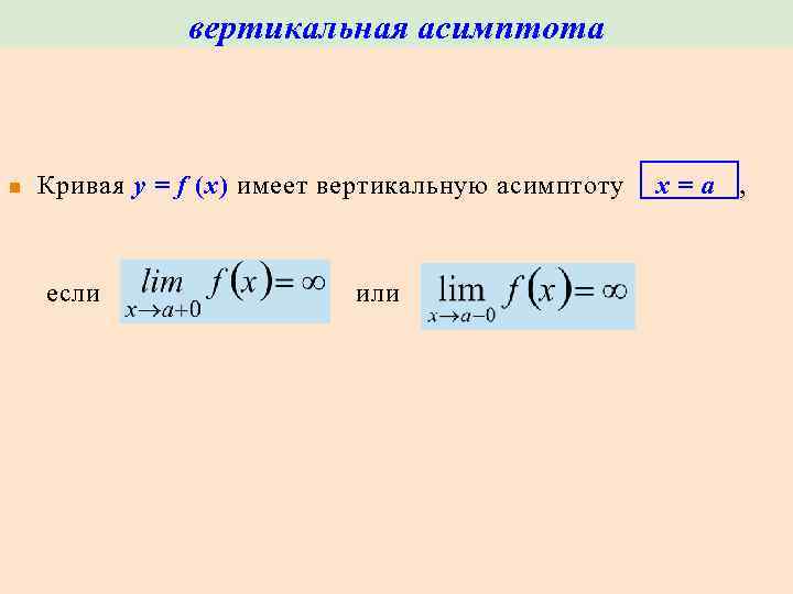 вертикальная асимптота n Кривая y = f (x) имеет вертикальную асимптоту x = a