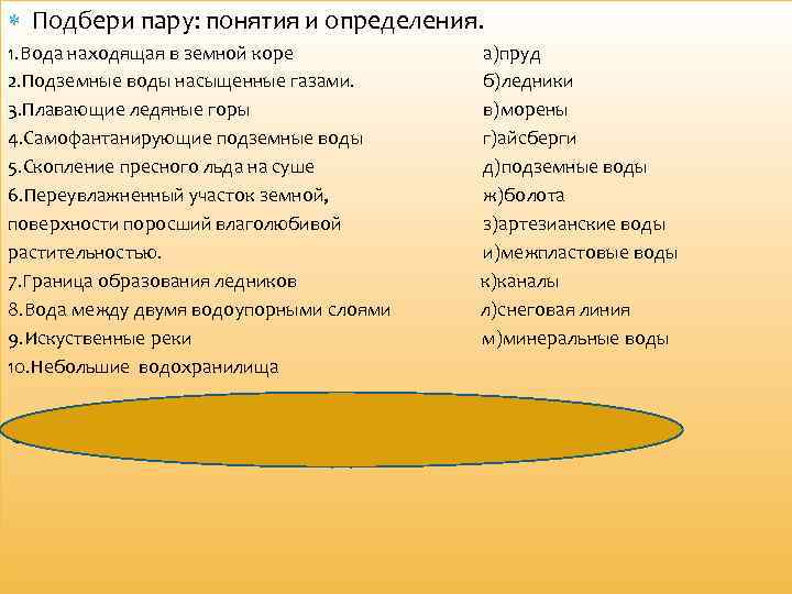  Подбери пару: понятия и определения. 1. Вода находящая в земной коре 2. Подземные