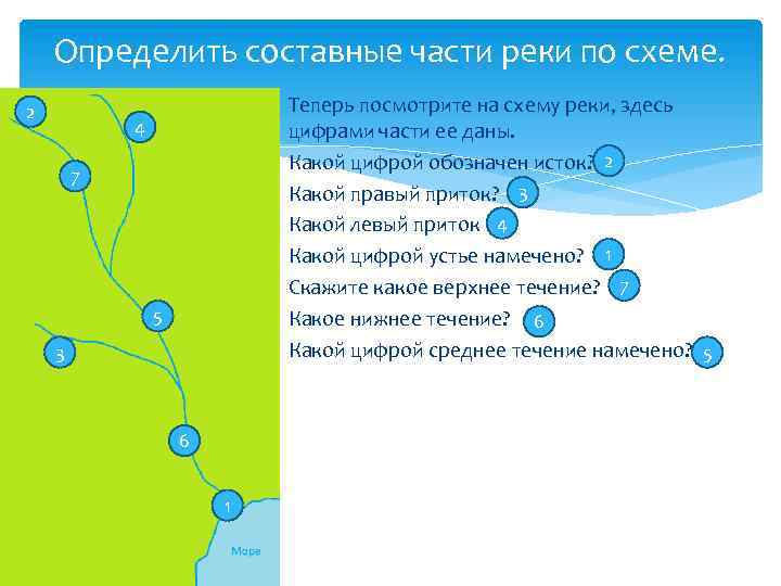 Определить составные части реки по схеме. 2 Теперь посмотрите на схему реки, здесь цифрами