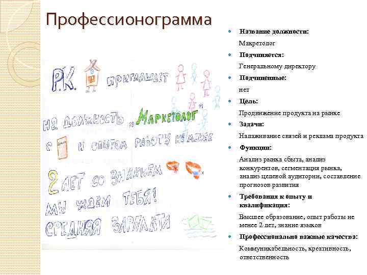 Профессионограмма Название должности: Макретолог Подчиняется: Генеральному директору Подчиненные: нет Цель: Продвижение продукта на рынке