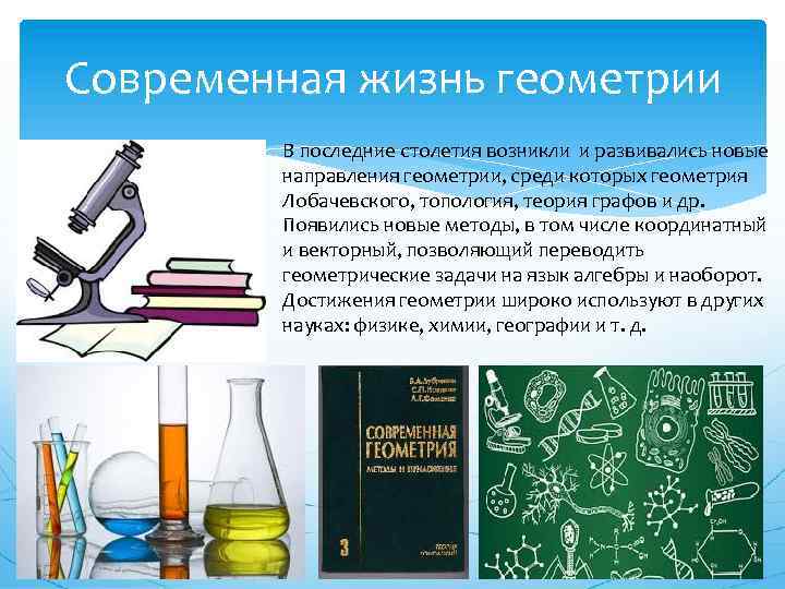 Современная жизнь геометрии В последние столетия возникли и развивались новые направления геометрии, среди которых