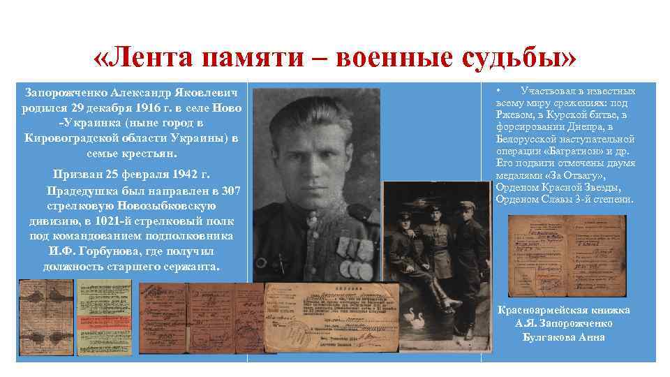  «Лента памяти – военные судьбы» Запорожченко Александр Яковлевич родился 29 декабря 1916 г.