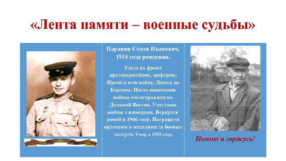  «Лента памяти – военные судьбы» Паранин Семен Иванович, 1914 года рождения. Ушел на