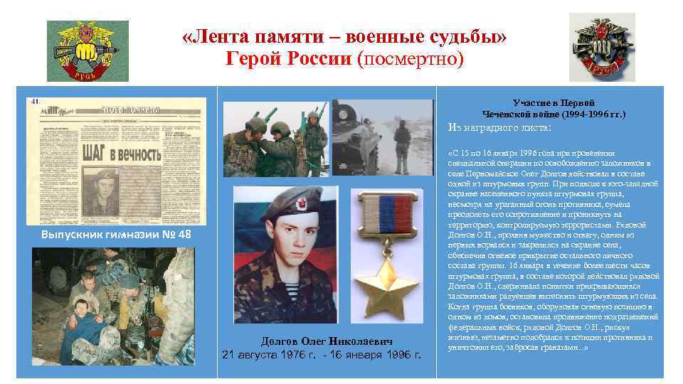  «Лента памяти – военные судьбы» Герой России (посмертно) Участие в Первой Чеченской войне