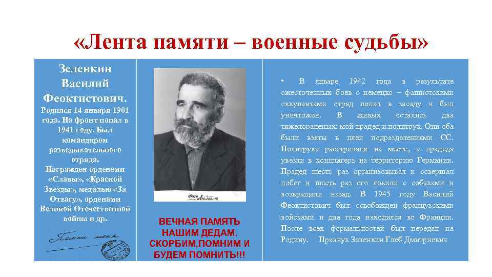  «Лента памяти – военные судьбы» Зеленкин Василий Феоктистович. Родился 14 января 1901 года.