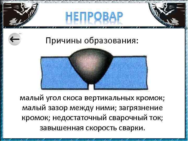 Причины образования: малый угол скоса вертикальных кромок; малый зазор между ними; загрязнение кромок; недостаточный