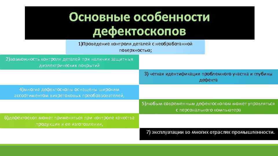 Основные особенности дефектоскопов 1)Проведение контроля деталей с необработанной поверхностью; 2)возможность контроля деталей при наличии