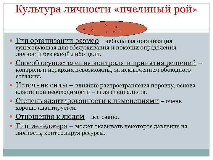 Культура личности «пчелиный рой» Тип организации размер– небольшая организация существующая для обслуживания и помощи