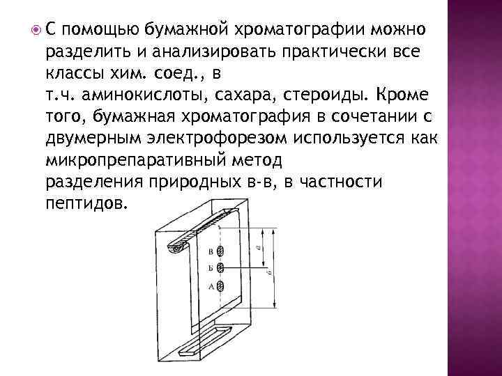  С помощью бумажной хроматографии можно разделить и анализировать практически все классы хим. соед.