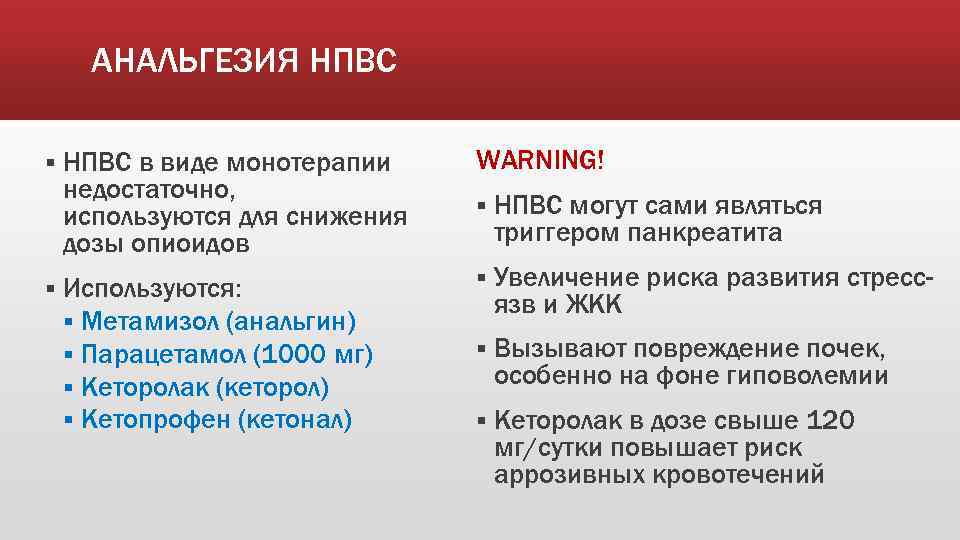 АНАЛЬГЕЗИЯ НПВС § § НПВС в виде монотерапии недостаточно, используются для снижения дозы опиоидов