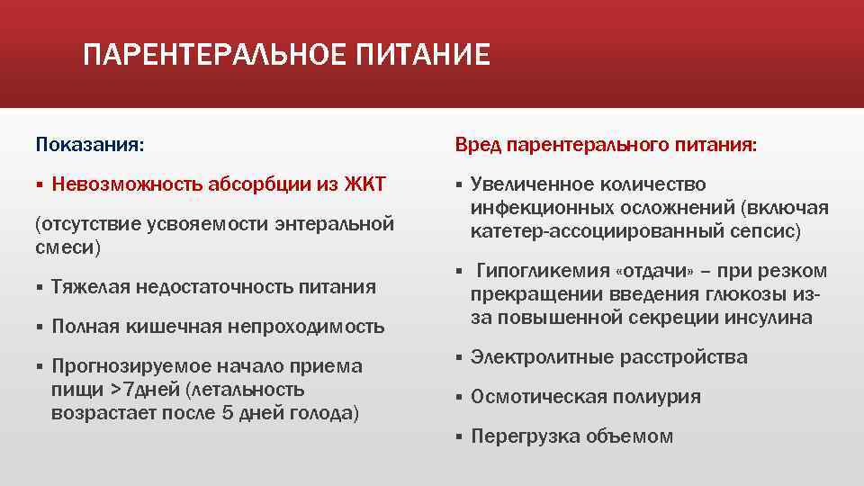 ПАРЕНТЕРАЛЬНОЕ ПИТАНИЕ Показания: § Невозможность абсорбции из ЖКТ Вред парентерального питания: § Увеличенное количество