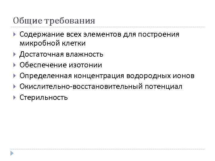 Общие требования Содержание всех элементов для построения микробной клетки Достаточная влажность Обеспечение изотонии Определенная