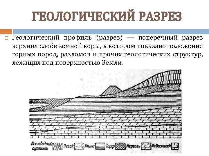 ГЕОЛОГИЧЕСКИЙ РАЗРЕЗ Геологический профиль (разрез) — поперечный разрез верхних слоёв земной коры, в котором