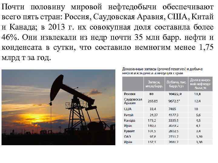 Почти половину мировой нефтедобычи обеспечивают всего пять стран: Россия, Саудовская Аравия, США, Китай и