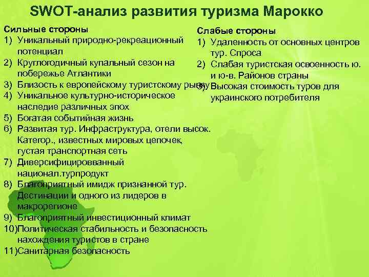 SWOT-анализ развития туризма Марокко Сильные стороны Слабые стороны 1) Уникальный природно-рекреационный 1) Удаленность от