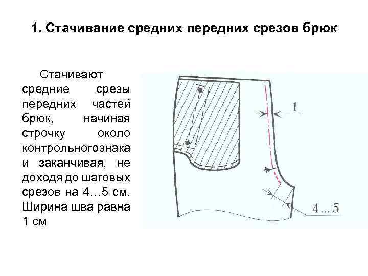 1. Стачивание средних передних срезов брюк Стачивают средние срезы передних частей брюк, начиная строчку