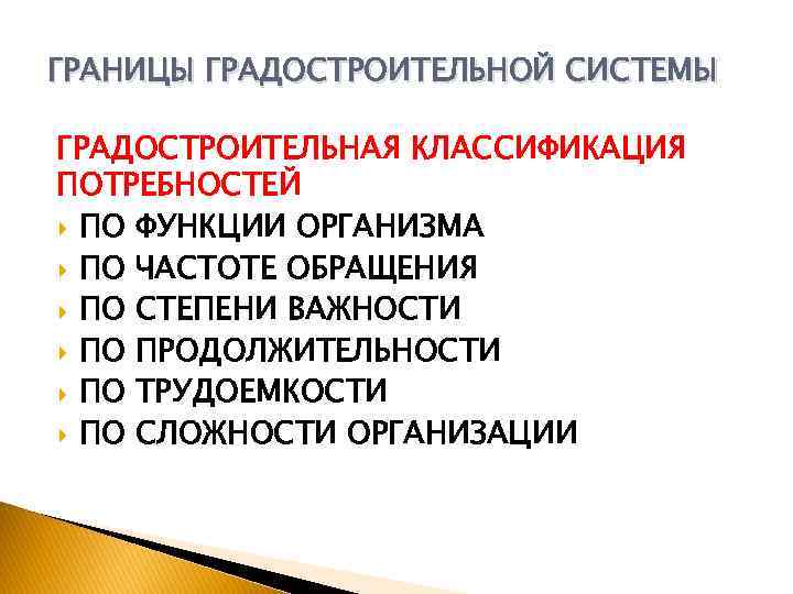 ГРАНИЦЫ ГРАДОСТРОИТЕЛЬНОЙ СИСТЕМЫ ГРАДОСТРОИТЕЛЬНАЯ КЛАССИФИКАЦИЯ ПОТРЕБНОСТЕЙ ПО ФУНКЦИИ ОРГАНИЗМА ПО ЧАСТОТЕ ОБРАЩЕНИЯ ПО СТЕПЕНИ