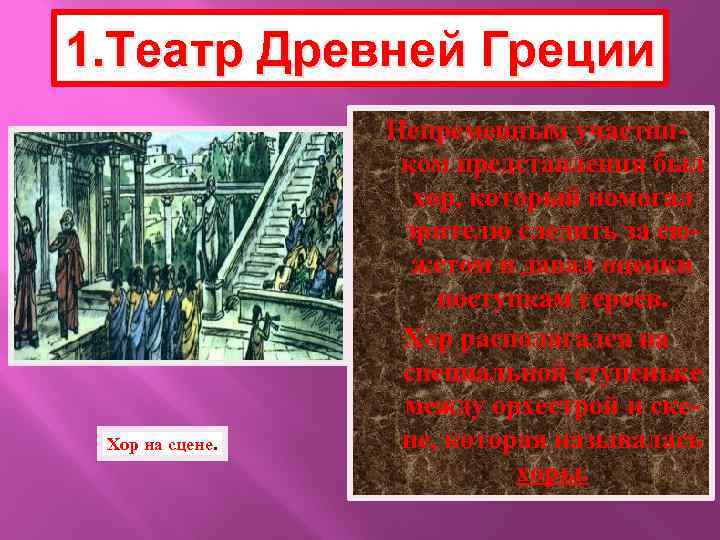 1. Театр Древней Греции Хор на сцене. Непременным участником представления был хор, который помогал