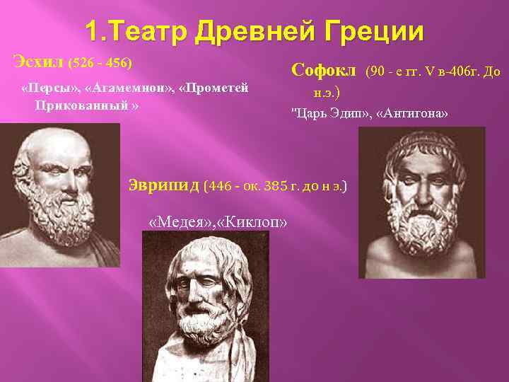 1. Театр Древней Греции Эсхил (526 - 456) «Персы» , «Агамемнон» , «Прометей Прикованный