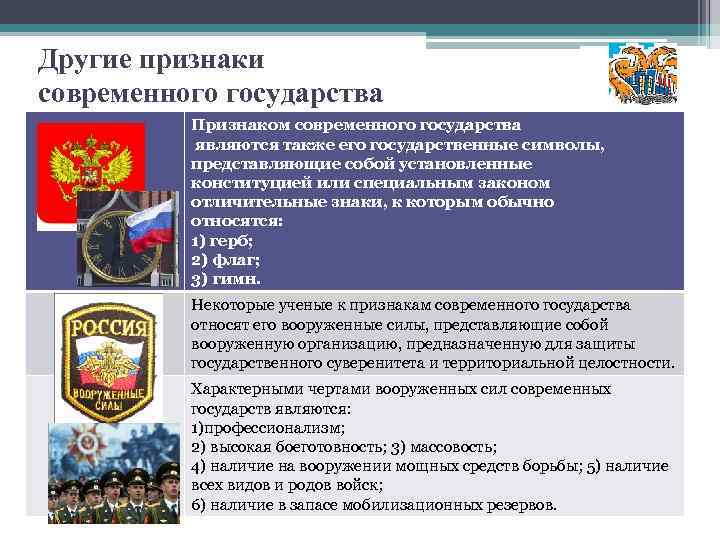 Другие признаки современного государства Признаком современного государства являются также его государственные символы, представляющие собой