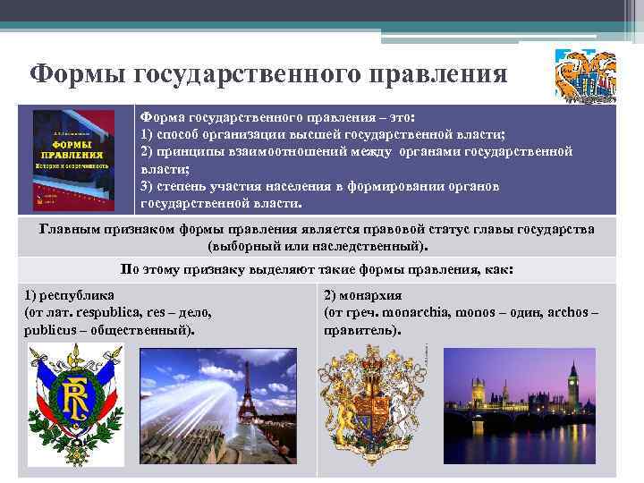 Формы государственного правления Форма государственного правления – это: 1) способ организации высшей государственной власти;