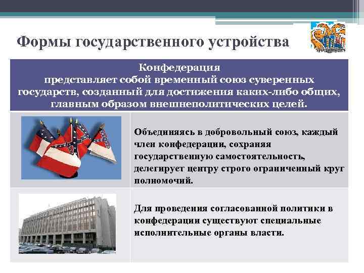 Формы государственного устройства Конфедерация представляет собой временный союз суверенных государств, созданный для достижения каких-либо