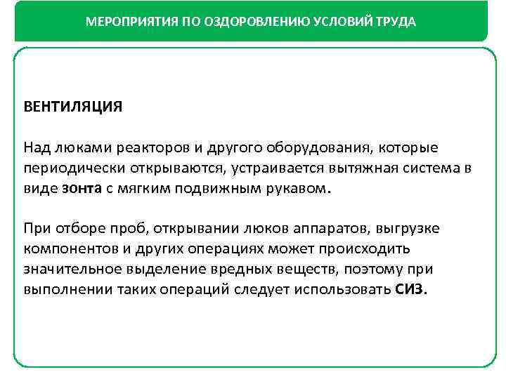 МЕРОПРИЯТИЯ ПО ОЗДОРОВЛЕНИЮ УСЛОВИЙ ТРУДА ВЕНТИЛЯЦИЯ Над люками реакторов и другого оборудования, которые периодически