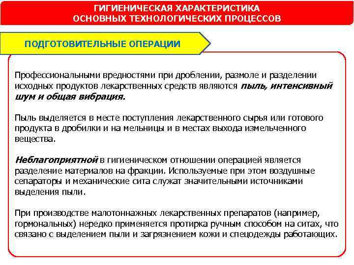 ГИГИЕНИЧЕСКАЯ ХАРАКТЕРИСТИКА ОСНОВНЫХ ТЕХНОЛОГИЧЕСКИХ ПРОЦЕССОВ ПОДГОТОВИТЕЛЬНЫЕ ОПЕРАЦИИ Профессиональными вредностями при дроблении, размоле и разделении